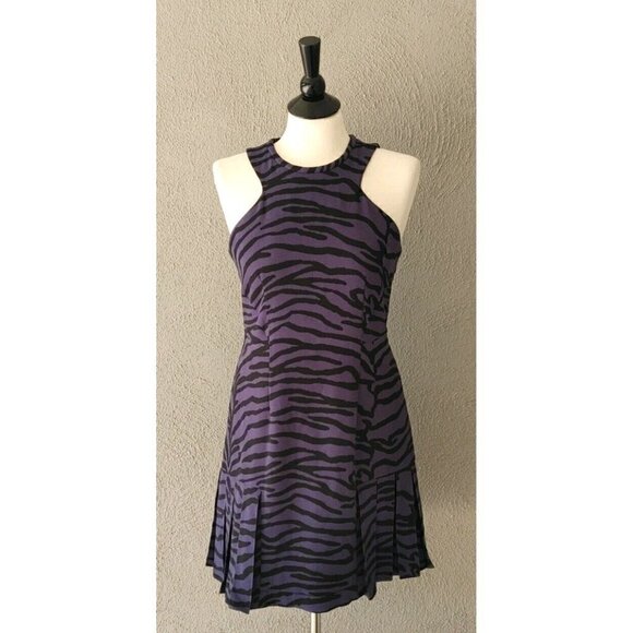Rebecca Taylor Zebra Print Halter Style Pleated Bottom Dress Indigo/Black Size 6 - Picture 2 of 8